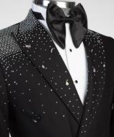 Costume de mariage noir personnalisé avec strass brillants pour homme, smoking de luxe pour marié, bal de promo, témoin, fête de mariage