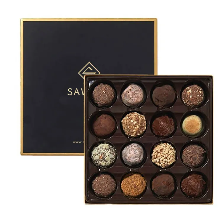 Clássico Preto Luxo Rígida Papelão Matt Black Truffle Chocolate Embalagem Gift Box para Chocolate Branded