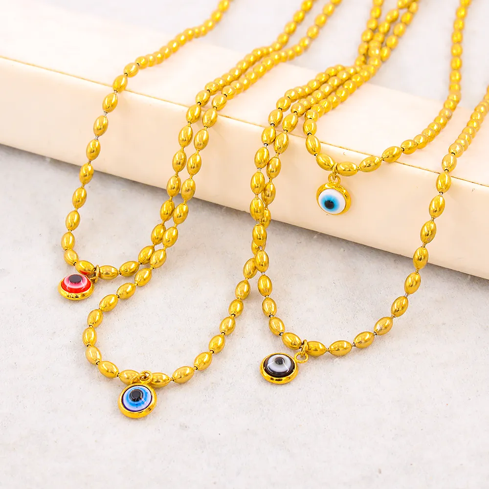 USENSET grosir baja tahan karat khusus perhiasan 18K PVD berlapis emas Oval manik nasi liontin mata kalung untuk wanita