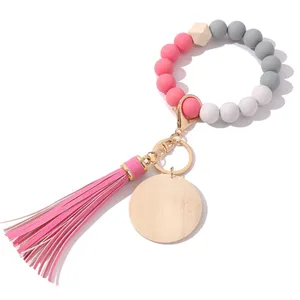 Pompon personnalisé bricolage disque en bois porte-clés Silicone perles porte-clés Bracelet