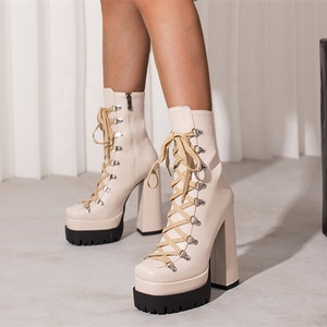 Bottines sexy à plateforme épaisse et antidérapante pour femmes, talons hauts épais, bout carré, lacets - Product Image 2