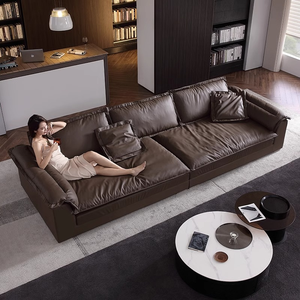 أريكة عميقة وواسعة جداً موديل <span class=keywords><strong>2026</strong></span> الأكثر مبيعاً، جلد طبيعي بني دافئ، تصميم إيطالي بسيط لـ 4 أشخاص، مناسبة لغرف المعيشة الصغيرة - Product Image 1