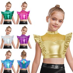 Camisetas Metálicas con Volantes para Niñas de 6 a 16 Años, Tops Cortos para Baile, Presentaciones, Competiciones, Eventos Deportivos, Fiestas de Baile Urbano - Product Image 1