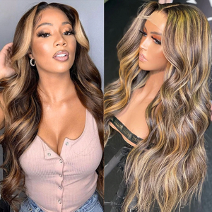 3x4 Lace Front Piano Highlights Body Wave <strong>Wig</strong> Dark Brown <strong>Wig</strong> with Blonde Highlights Chocolate Highlight Human Hair <strong>Wig</strong> - Product Image 4
