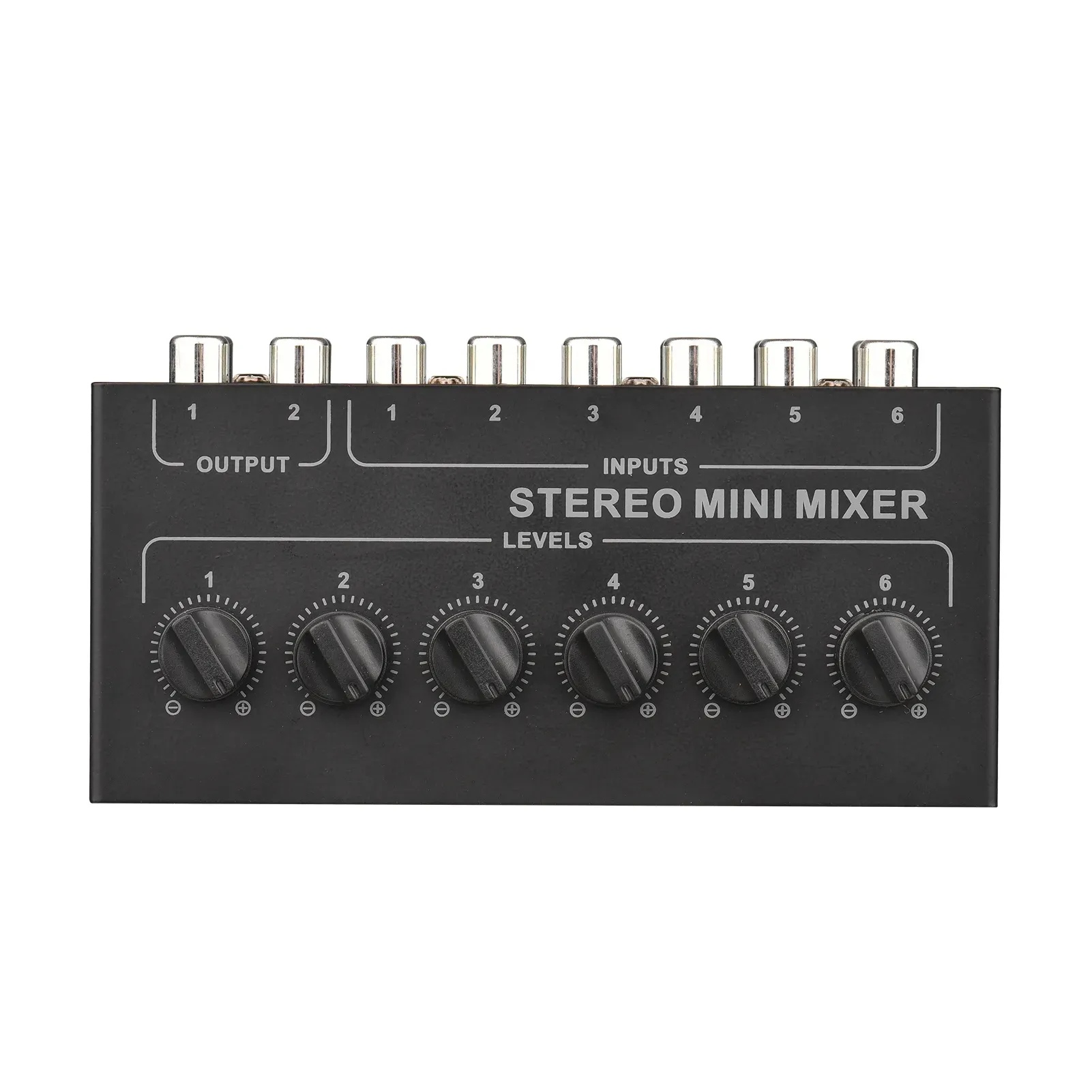 Mini mezclador estéreo Rayco, mezclador pasivo de 6 canales, RCA, 6 en 2 salidas, mezclador estéreo con control de volumen, no requiere batería