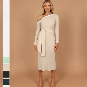 Custom Wholesale Fashion Hot Waistband Slant Shoulder Long Sleeve Elegant Sexy Tight Spring 2023 Women Dresses