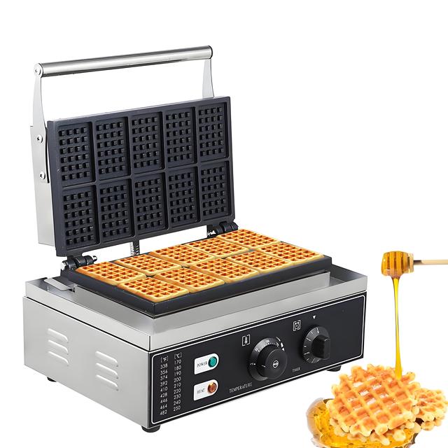 New Factory Wholesale Commercial Stainless Steel Rectangle Waffle Maker 10-Piece Non-Stick Industrial Belgian Portable 220V