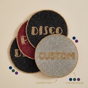 Beaded Party <b>Coaster</b> Set, Round <b>Drink</b> <b>Coasters</b> with “Drink & Party” Design for Bar, Dining Table, Coffee Table & Home Decor - Product Image 2