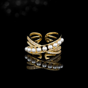 Cross Shaped Faux Pearl Openwork Ring Micro Pave Adjustable Index Finger Band Party Jewelry - Product Image 4