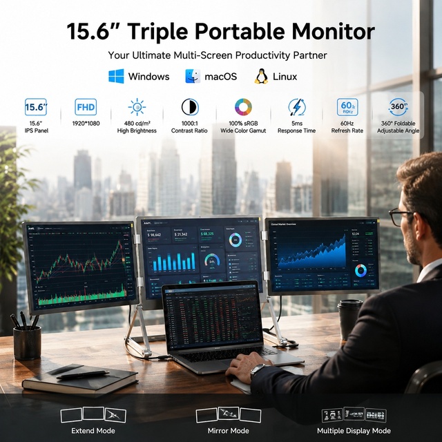 15.6 Inch Triple Laptop Screen Extender FHD 1080P 100%sRGB Foldable Portable Monitor for Financial Day Trading Analysis