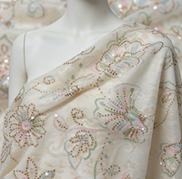 Tissu en organza tissé en polyester avec superposition de dentelle, coloris macaron, broderie perlée et pailletée, léger, pour mariage musulman modeste