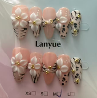Kuku Akrilik Press-on Grosir Bentuk Almond Warna Nude Polka Dot Bunga 3D Berhias Rhinestone Dapat Digunakan Kembali untuk Wanita dan Remaja Putri