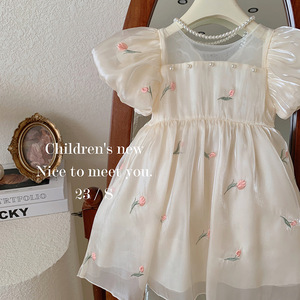 Estate per bambini graziosi abiti da ballo ricamati floreali a manica corta abiti da festa per bambini con fiocco abiti da bambina - Product Image 3