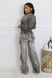 Pakaian Denim katun wanita, pakaian jins ramping dua potong, jaket Denim Crop, Set Jeans musim gugur - Product Image 4