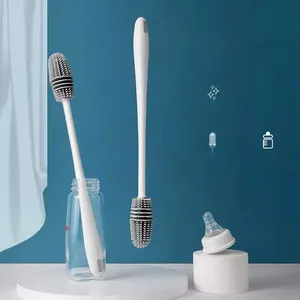 FF408 Wholesales Long Handle Cleaning Brush Baby Feeding Bottle Cleaner TPR Silicone Bottle Cleaning Brush