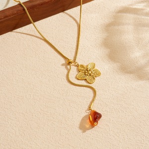 Gold Plated Camellia Pendant Necklace With Snake Chain Resin Drop For Daily Wear Gift - Product Image 2