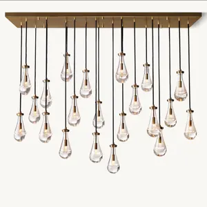 Vintage American Rain Drop Linear Pendants Light Glass Hanging Light for Kitchen Waterdrop Dining Room Ceiling Brass Chandelier