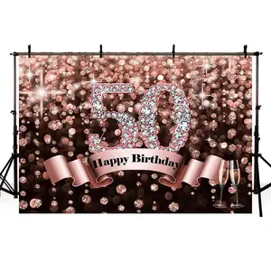 Background Decoration Happy 50th Birthday Banner Sparkling Rose Red Banner Customized Party Supplies