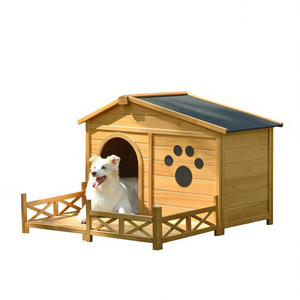 Nichoir pour chien en bois de 48 pouces avec toit en asphalte résistant à l'eau, taille moyenne, motif patte, couleur naturelle, pour intérieur et extérieur, avec porche - Product Image 1