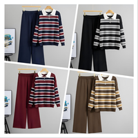 Ensemble décontracté deux pièces pour femme – Automne/Hiver – Minimaliste – Rayé – Anti-plis – Pull en viscose à col polo – Pantalon ample à jambes larges – Motif