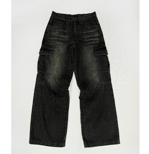 Jean cargo noir délavé vintage pour homme 2026, coupe ample à jambe large, style streetwear Y2K, pantalon en denim multi-poches, directement de l'usine - Product Image 1