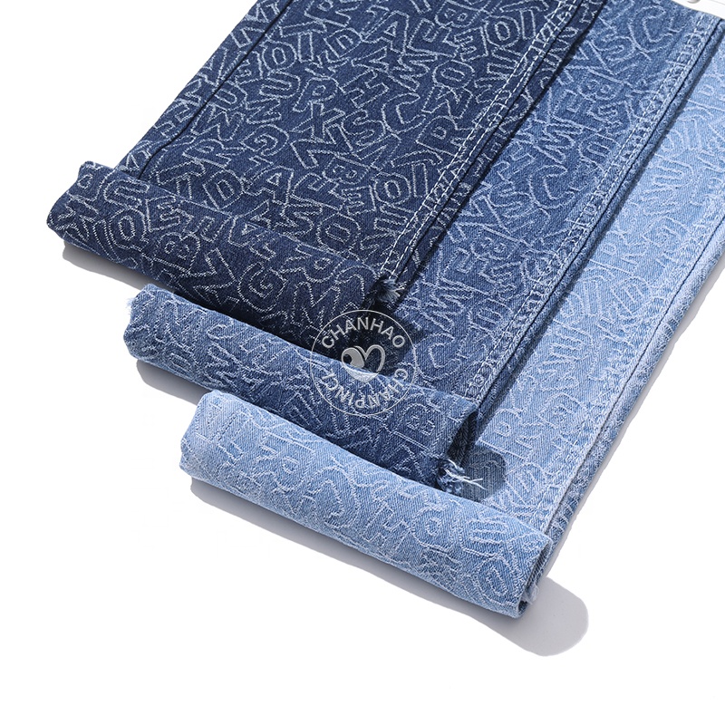 26 Letters 80% Blue Cotton Jacquard Denim Fabric for Jeans 10.5Oz High Quality Denim Fabric Wholesale