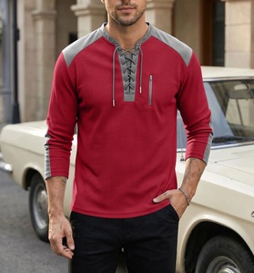 Sudadera <span class=keywords><strong>de</strong></span> punto gofrado <span class=keywords><strong>de</strong></span> alta calidad <span class=keywords><strong>para</strong></span> hombre, con cordones, cuello Henley, mangas raglán con bloques <span class=keywords><strong>de</strong></span> color, rayas y bolsillo con cremallera, ropa urbana <span class=keywords><strong>para</strong></span> hombre - Product Image 4