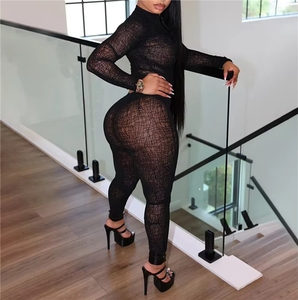 PEEQI TW831 Set 2 Potong Pakaian Wanita Seksi Atasan Crop Zipper+Celana Legging Serasi Bahan Stretch Pakaian Klub Malam Model Skinny - Product Image 3