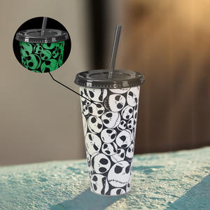Vaso de plástico luminoso de una sola capa con diseño de calavera fantasma que cambia de color, personalizado de fábrica para Halloween 2024. - Product Image 2