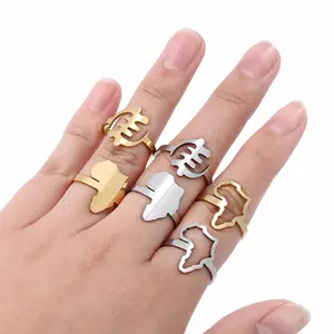 Fashion Geometrical Stainless Steel Africa Map Shape Ring Jewelry Personalized Gold Plated Adjustable Women Ring