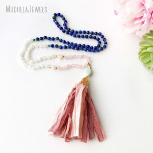 MN19828 <span class=keywords><strong>Piedra</strong></span> preciosa natural <span class=keywords><strong>Piedra</strong></span> lunar 108 Cuentas Mala Anudadas a mano Sari Seda Borla Collar Curación espiritual Yoga Joyería Regalo - Product Image 3