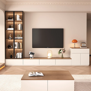 Meuble TV flottant en bois massif blanc crème sur mesure, style minimaliste moderne français, pour petit salon - Product Image 1