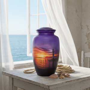 Urna Funeraria de Aluminio Hecha a Mano para Cenizas Humanas |   Diseño pintado del faro del atardecer |   Urna Conmemorativa para Cremación de Adultos |   Tamaño Personalizado - Product Image 6