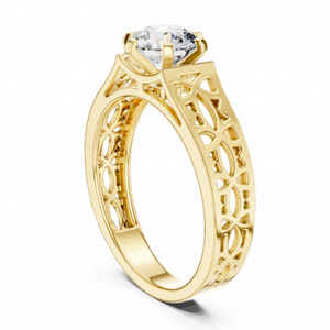 Bague de fiançailles et de mariage classique en diamant de laboratoire personnalisé, certifiée IGI, taille brillant rond, bande à découpe géométrique, or massif - Product Image 1