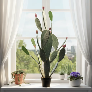 Grand cactus artificiel de type figue de Barbarie (<span class=keywords><strong>Opuntia</strong></span>) avec boutons dans un <span class=keywords><strong>pot</strong></span> noir, fausse plante du désert haute pour la maison, le bureau, le salon - Product Image 4