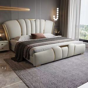 Cama de cuero de lujo ligera Italiana Moderna dormitorio principal cama doble minimalista de gama alta ambiente de lujo paquete suave cama de boda - Product Image 4