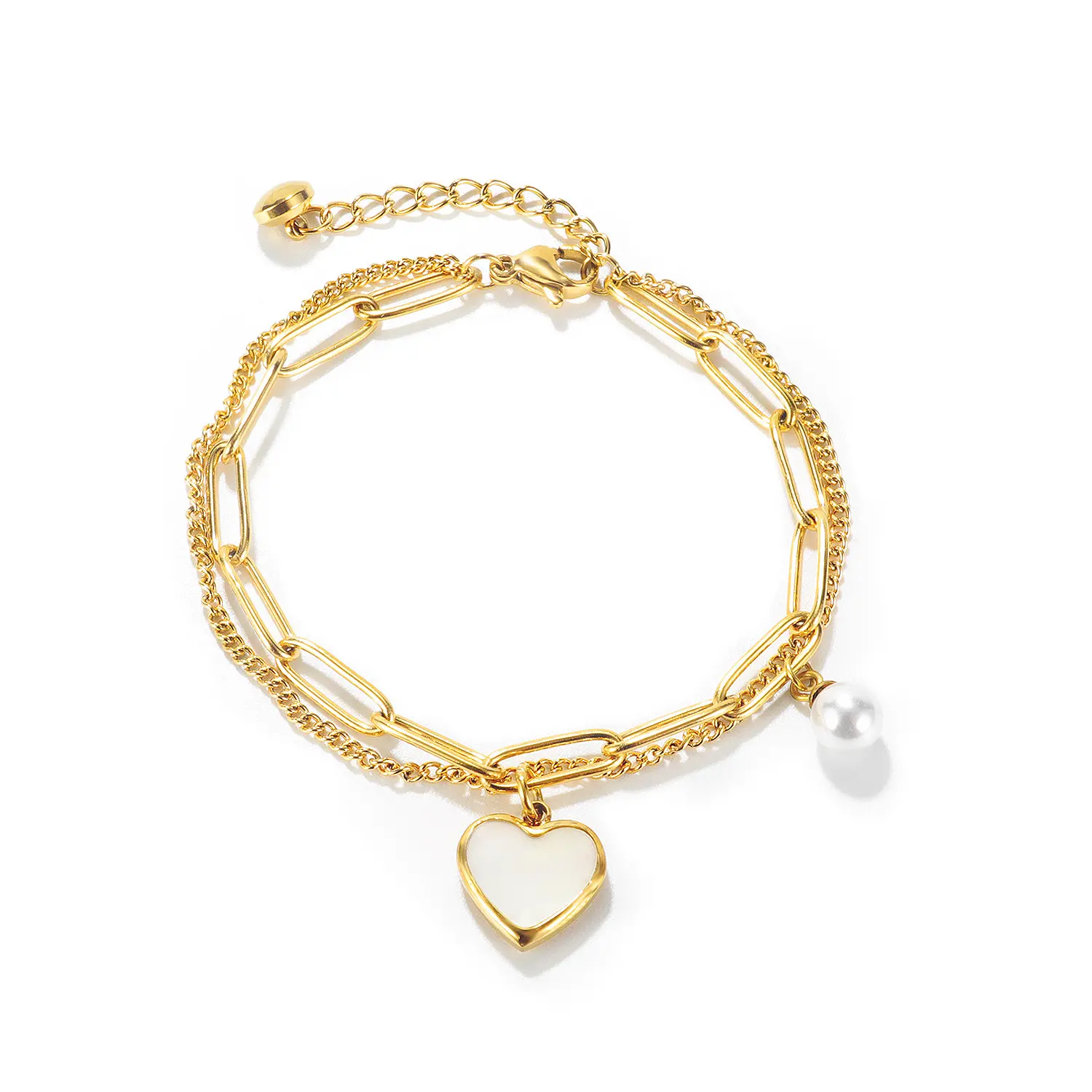 2024 New Design Fashion Stainless Steel Pearl Bracelet with Heart Pearl Oyster Charm for Women Girls Gift 18K Gold