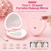 Trending Portable Heart Shaped Type C Rechargeable LED Light 2X Magnifying Travel Beauty Compact Mirror