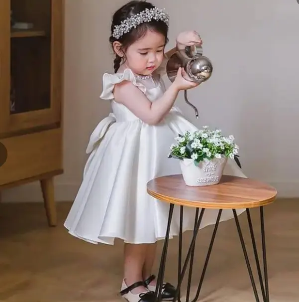 Baby Girls Birthday Party Dress Flower Girls White Stain Bow Wedding Dresses Princess Elegant Prom Gown Evening Dresses