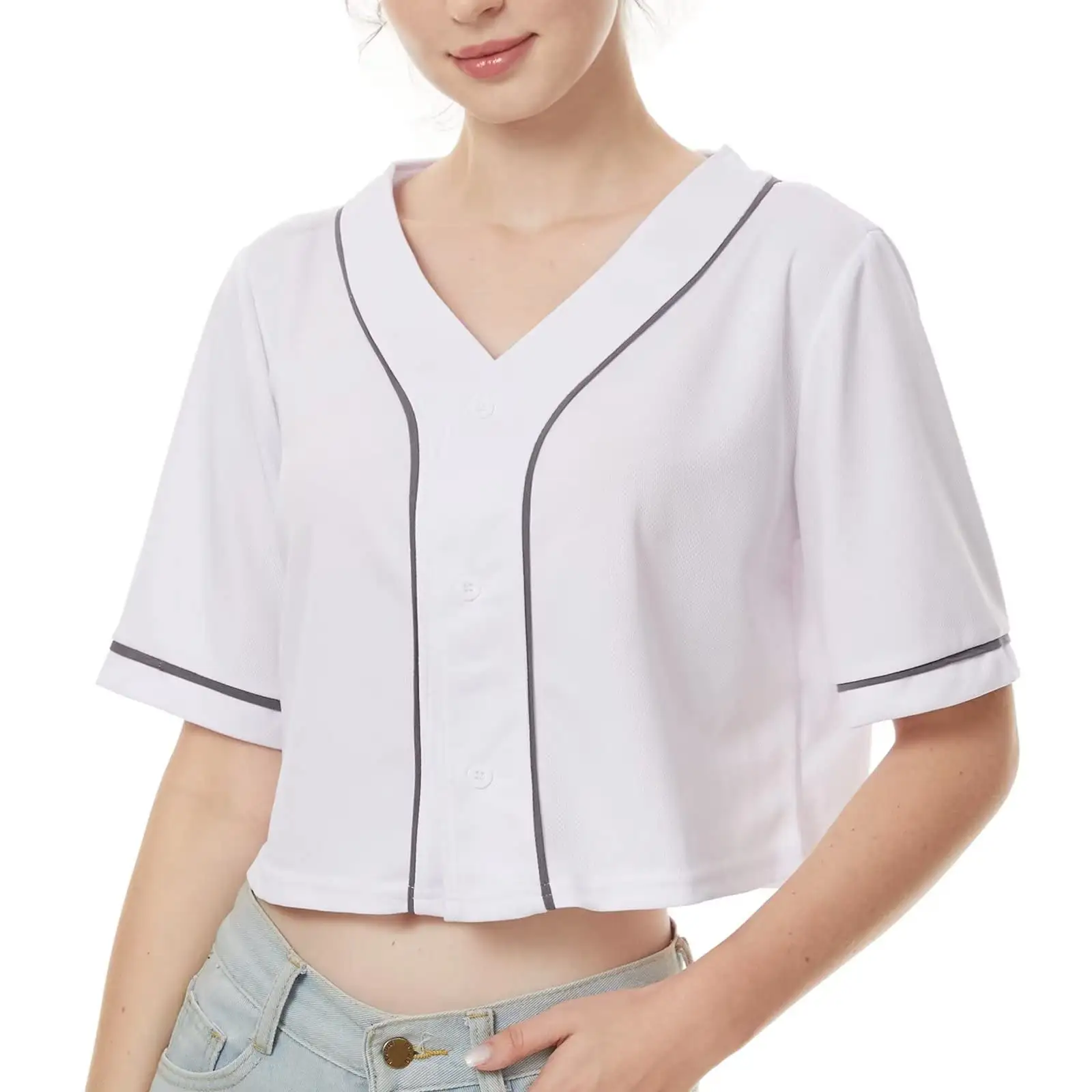 Womens Bóng Chày Jersey Sexy Crop Áo Sơ Mi V Cổ E Cô Gái Softball Đội Đồng Phục Thể Thao Giản Dị Hip Hop Đường Phố Ngắn Tay Áo