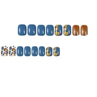 Lot de 24 faux ongles carrés courts français à presser, motif floral doré scintillant, réutilisables pour manucure des doigts - Vente en gros