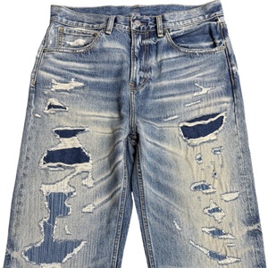Jeans de hombre al por mayor con logo personalizado, lavado desgastado, corte recto holgado, denim desgastado, cintura media, pantalones azules - Product Image 3