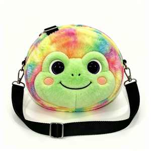 Sac bandoulière en peluche sur le thème de la grenouille de dessin animé, Sac à main en peluche grenouille coloré, Sac à bandoulière mignon en peluche avec visage de grenouille 3D rond - Product Image 2