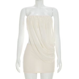 Viviblook D26ST148 Women Summer Set Solid Color Sexy Sleeveless Chiffon <b>Patchwork</b> Strapless Top Mini Bodycon <b>Skirt</b> Two Piece Set - Product Image 4