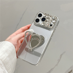 Gradient Diamond IMD Love Mirror holder Phone case for <b>iPhone</b> 17 16 15 14 13 Pro Max KT Cat Bow <b>stand</b> Camera crystal back Cover - Product Image 3