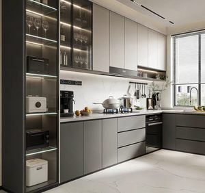 Meuble <span class=keywords><strong>de</strong></span> <span class=keywords><strong>cuisine</strong></span> modulaire en acrylique écologique <span class=keywords><strong>avec</strong></span> <span class=keywords><strong>volet</strong></span> <span class=keywords><strong>roulant</strong></span> et petite boîte lumineuse colorée au design élégant - Product Image 1