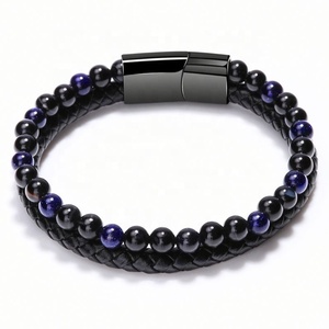 Bracelet en cuir tressé avec fermoir magnétique noir, pierre naturelle gravable, nouvelle collection ZYO, pour homme - Product Image 4