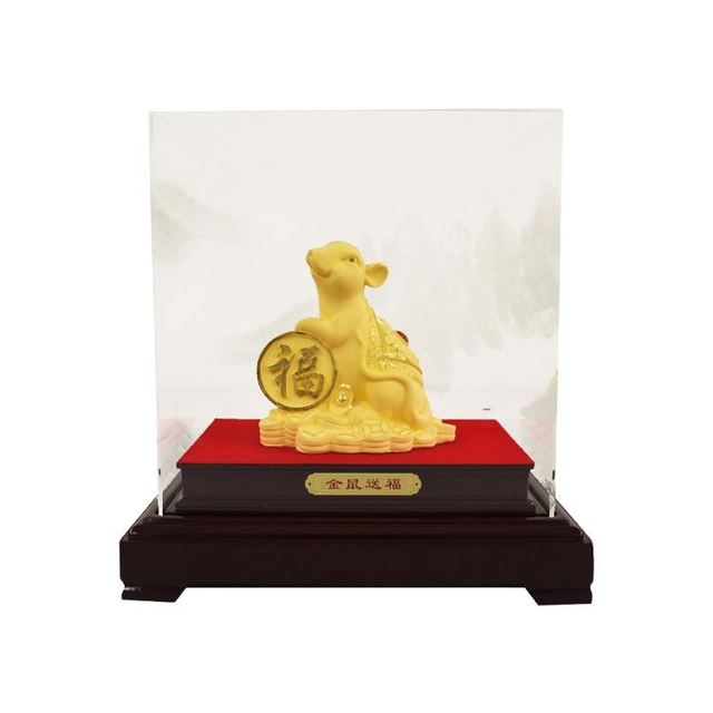 Plated Mice Statue Rat Statue Gold Pure 24K Gift Box Metal Souvenir Brass Figurine Feng Shui Wall Street Bull Souvenir Animal