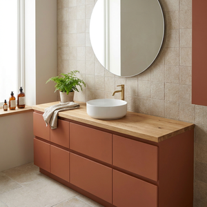 Meuble-lavabo de salle de bain nordique terreux, finition terre cuite mate, comptoir en bois, lavabo en céramique minimaliste, mobilier moderne au design chaleureux - Product Image 1