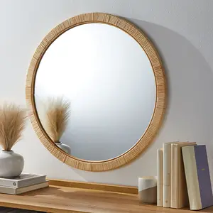 71cm 농가 대형 등나무 원형 나무 벽 거울 홈 장식 라운드 대나무 거울 욕실